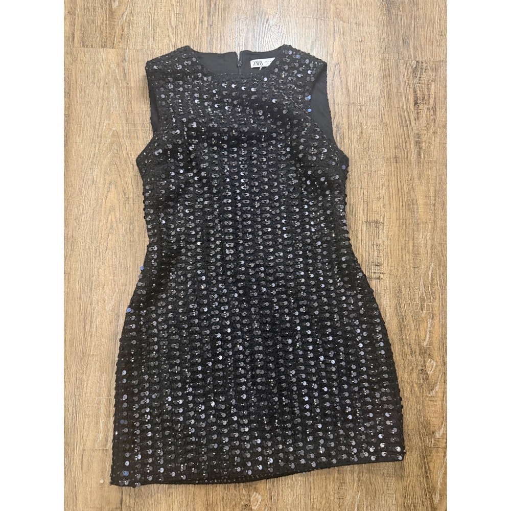 Zara Black Sequin Mini Dress Size S Sleeveless Party Cocktail 4088/252/800
